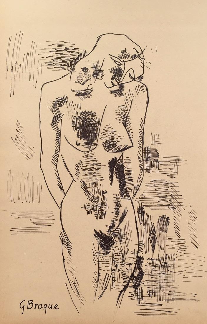 Georges Braque ink on paper style: Ink on paper, drawing. Signed lower left side. From a private collection. 7,8 x 12,1 in. (19,8 x 30,7 cm). Georges Braque (1882-1963, French). It is being sold in the manner or style of the artist. Co