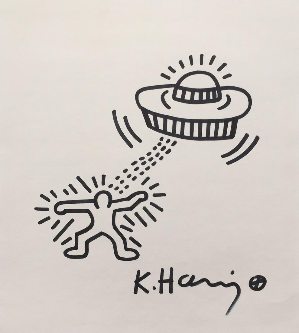 Keith Haring mixed media on paper American Pop Art: Ink on paper, drawing. Signed lower right. From a private collection. Keith Haring (1958-1990). 8,7 x 9,7 in. (22 x 24,5 cm). It is being sold in the manner or style of the artist.
