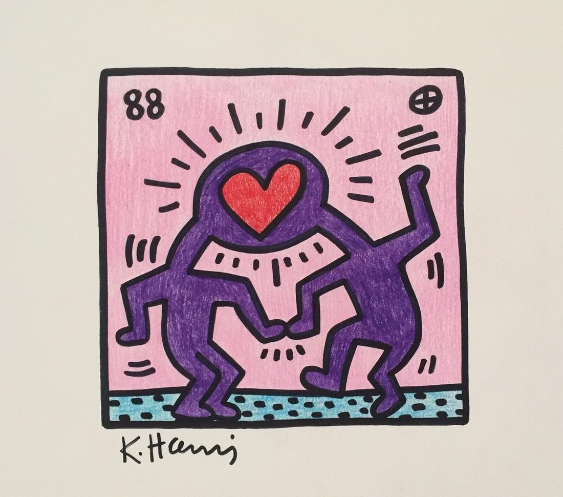 Keith Haring mixed media on paper American Pop Art: Mixed media on paper. Signed lower left. From a private collection. Keith Haring (1958-1990). 7,8 x 8,9 in. (19,8 x 22,5 cm). It is being sold in the manner or style of the artist. Composition with tw