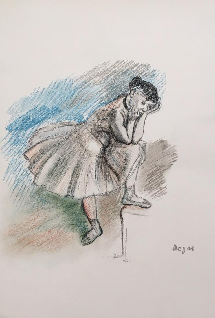 Edgar Degas pastel on paper French: Pastel on paper, drawing. Signed lower right. From a private collection. 10,2 x 15 in. (26,1 x 38 cm). Edgar Degas (French, 1834-1917). It is being sold in the manner or style of the artist. Ballerina