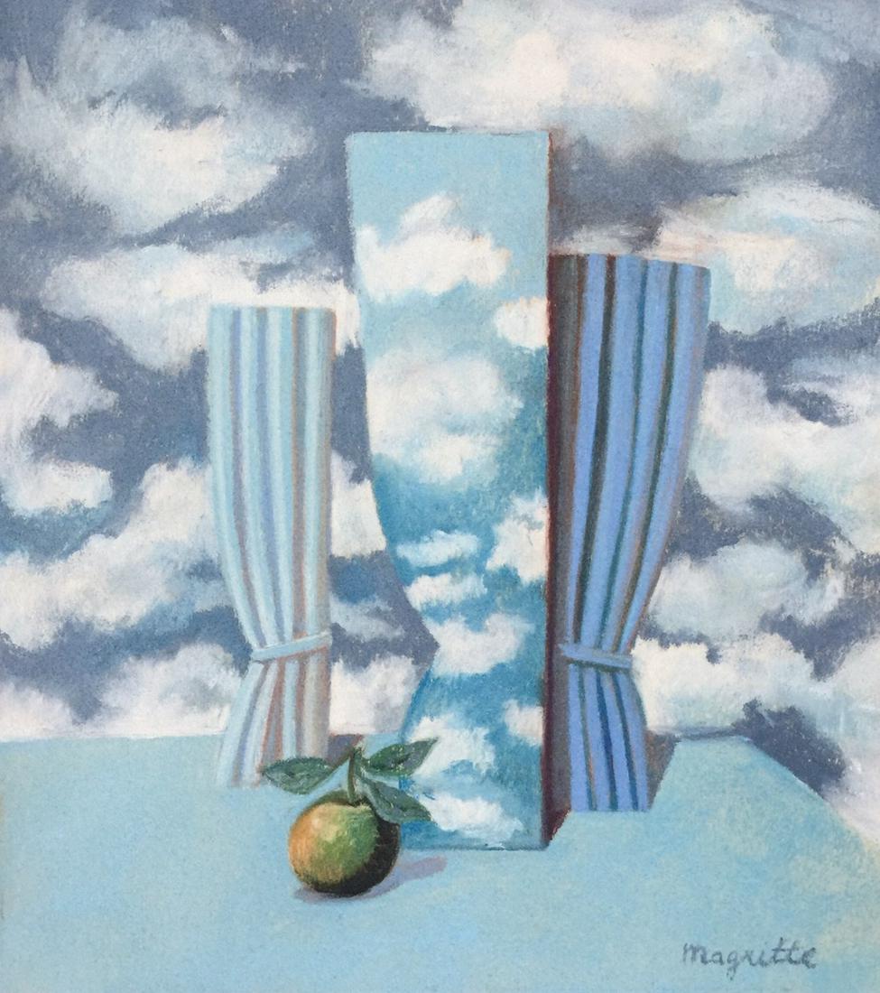 Rene Magritte pastel on paper Belgian Surrealist: Pastel on paper. Signed lower right. From a private collection. 9,3 x 10,2 in. (23,5 x 26 cm). Rene Magritte (1898-1967, Belgian). It is being sold in the manner or style of the artist. Surreal compos
