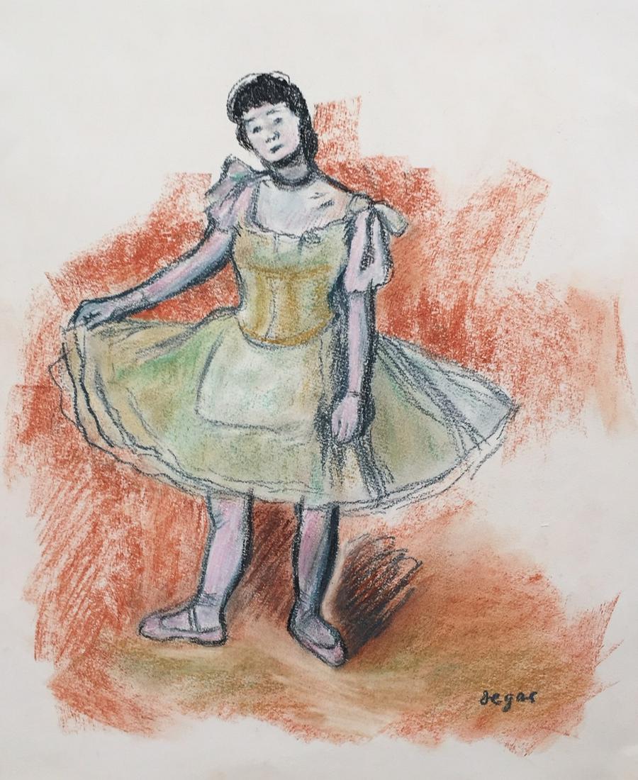 Edgar Degas pastel on paper impressionism French: Pastel on paper, drawing. Signed lower right. From a private collection. 11 x 13,4 in. (28 x 34 cm). Edgar Degas (French, 1834-1917). It is being sold in the manner or style of the artist. Ballerina.