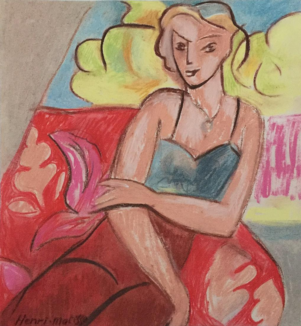 Henri Matisse mixed media on paper Expressionism: Mixed media on paper. Signed lower left. From a private collection. 8,3 x 8,9 in. (21 x 22,5 cm). Henri Matisse. (French, 1869-1954). It is being sold in the manner or style of the artist. Sitting wom