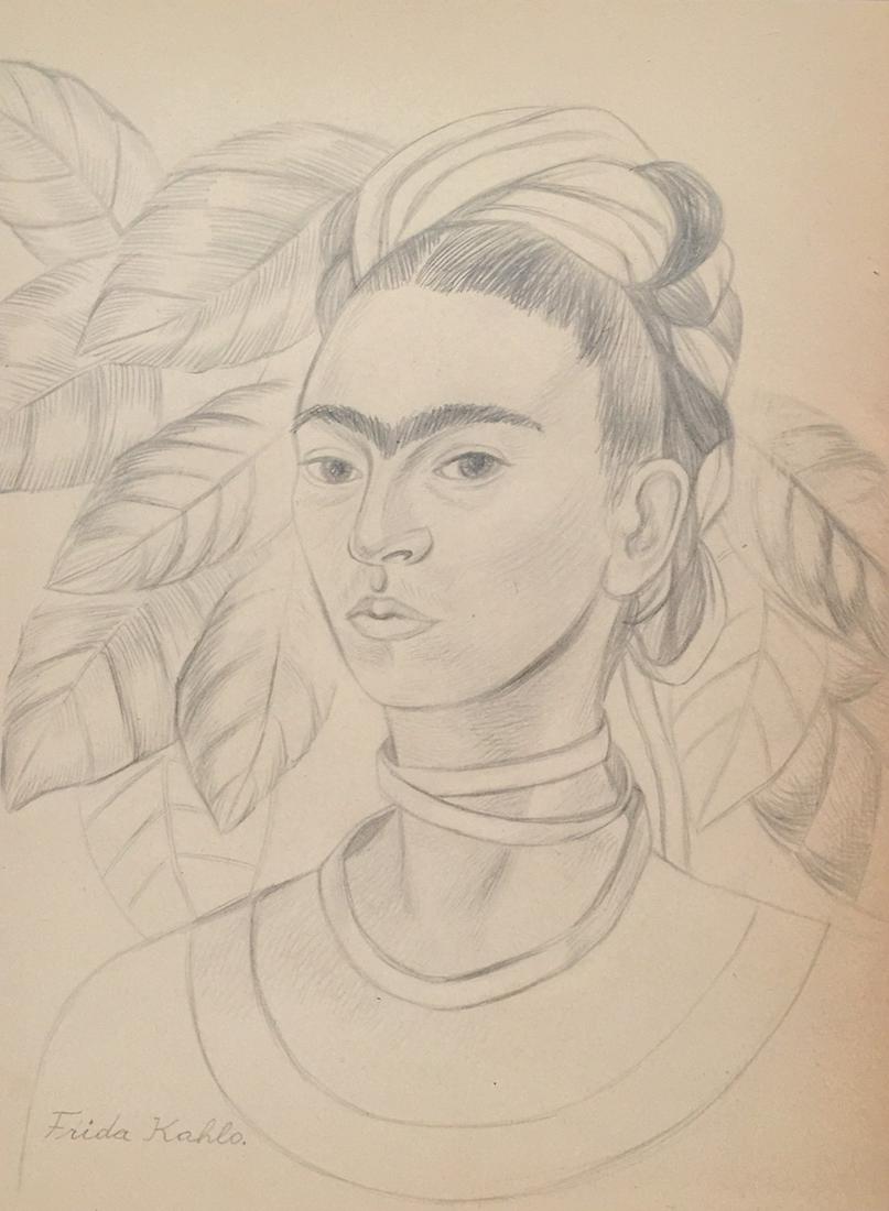 Frida Kahlo drawing pencil on paper Realism: Pencil on paper, drawing. Signed lower left. From a private collection. 8,2 x 11 in. (20,7 x 28 cm). Frida Kahlo (Mexican, 1907-1954). It is being sold in the manner or style of the artist. Portait of