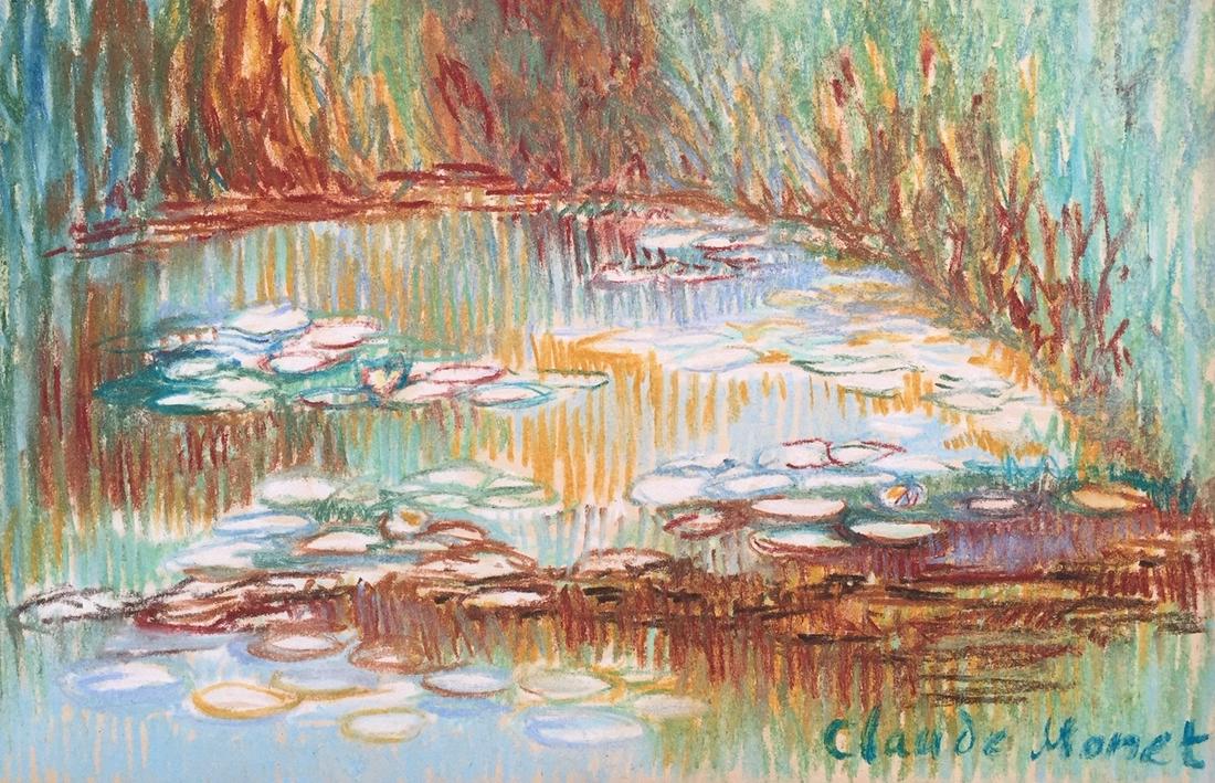 Claude Monet pastel on paper Impressionism: Pastel on paper. Signed lower right. From a private collection. 7,9 x 12,2 in. (20 x 30,9 cm). Claude Monet (1840-1926). It is being sold in the manner or style of the artist. Landscape with water lil