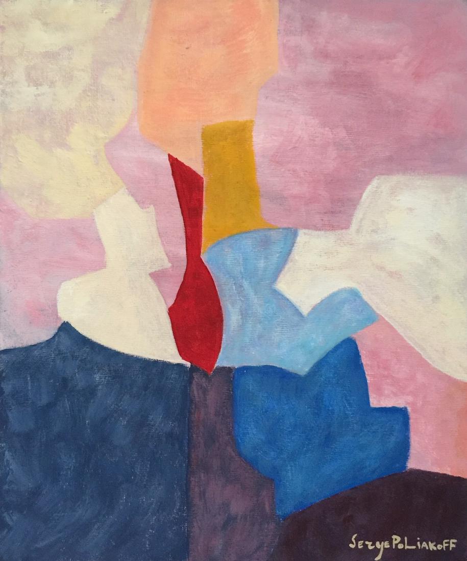 Serge Poliakoff tempera on canvas on cardboard Russian: Tempera on canvas on cardboard, painting. Signed lower right. From a private collection. 9,8 x 11,8 in. (25 x 30 cm). Serge Poliakoff (1900-1969, Russian, French). It is being sold in the manner or st