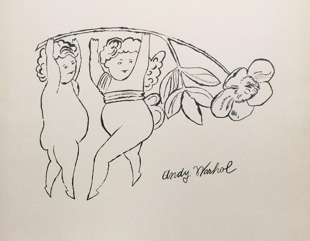 Andy Warhol ink on paper American Pop Art: Ink on paper, drawing. Signed lower right and Attr. Andy Warhol. From a private collection. 9,3 x 7,3 in. (23,6 x 18,5 cm). Andy Warhol (1928-1987). Angels with a flower.