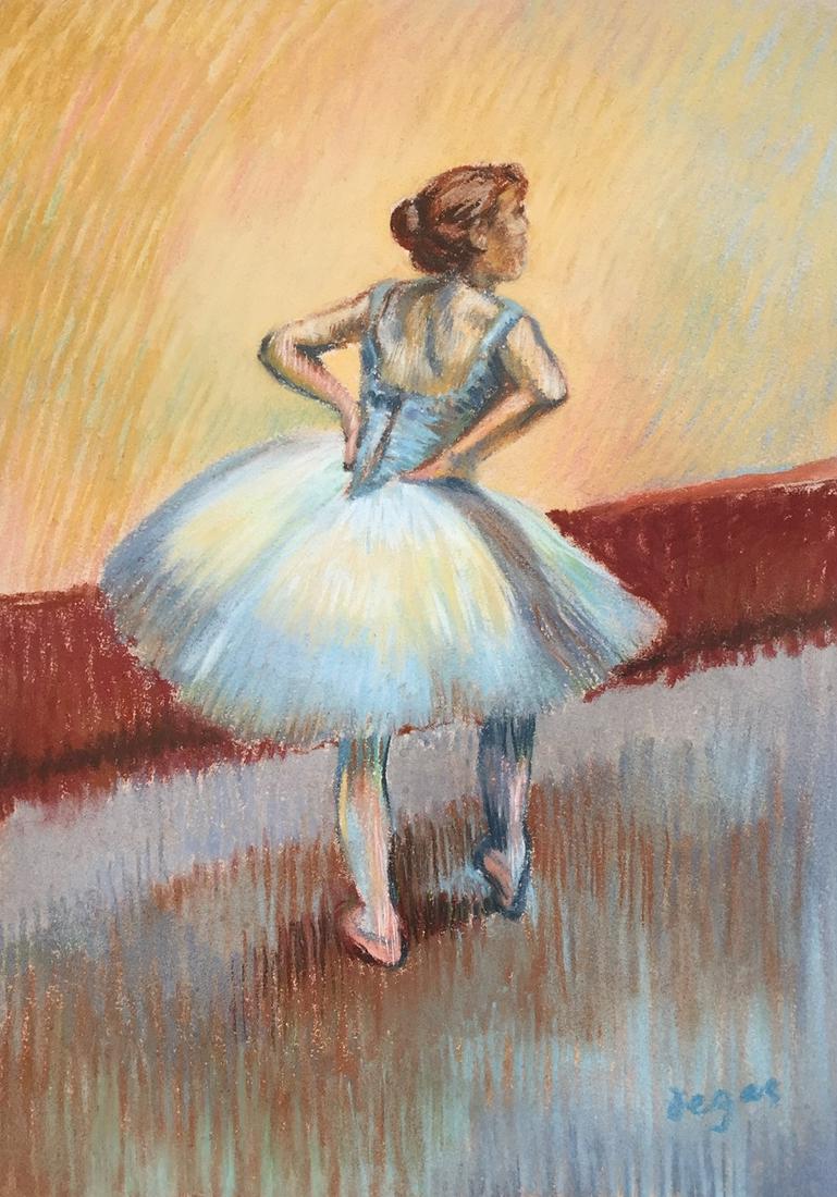 Edgar Degas pastel on paper French Impressionism: Pastel on paper, drawing. Signed lower right. From a private collection. 8,3 x 11,6 in. (21 x 29,5 cm). Edgar Degas (French, 1834-1917). It is being sold in the manner or style of the artist. Ballerin