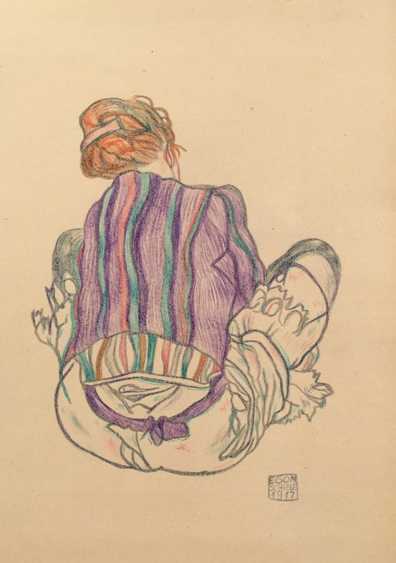 Egon Schiele crayon on paper Austrian: Crayon on paper, drawing. Signed lower right side. From a private collection. 7,3 x 10,2 in. (18,5 x 26 cm). Egon Schiele (1890-1918). It is being sold in the manner or style of the artist. Compositio