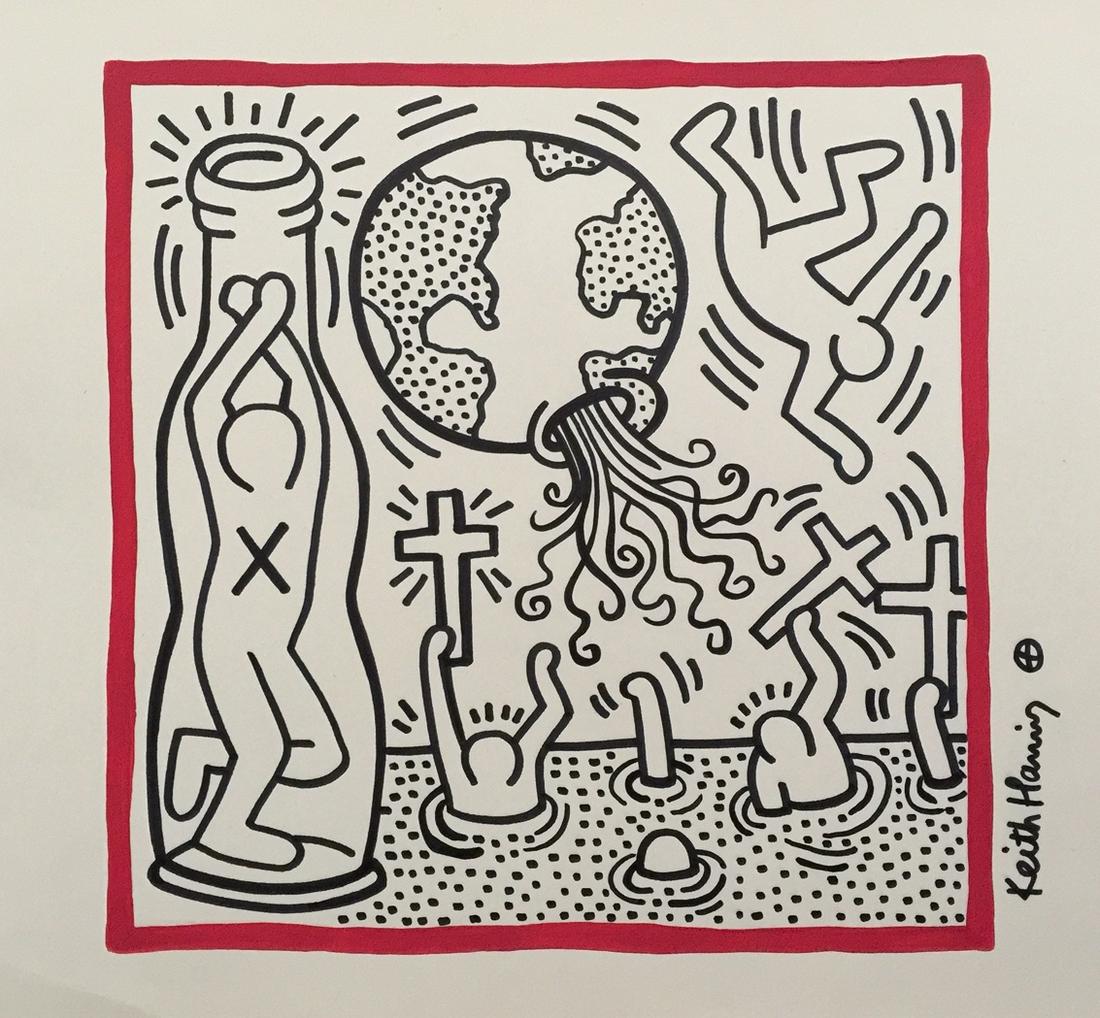 Keith Haring mixed media on paper American Pop Art: Mixed media on paper, drawing. Signed lower right part. From a private collection. Keith Haring (1958-1990, American). 9,3 x 10 in. (23,6 x 25,5 cm). It is being sold in the manner or style of the art