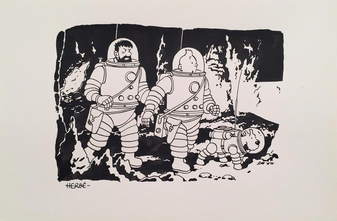 Herge ink on paper comics: Ink on paper, drawing. Signed lower left. From a private collection. 8 x 12 in. (20,6 x 30,5 cm). Herge (Georges Remi) (1907-1983, Belgian). It is being sold in the manner or style of the artist. Tint