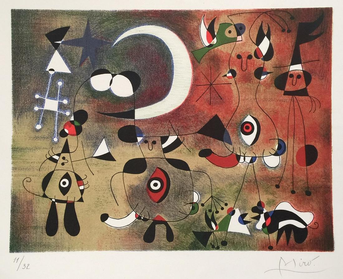 Joan Miro lithograph abstract art Spanish: Lithograph on paper. Signed lower right, lower left edition 11/32. Joan Miro (Spanish, 1893-1983). From a private collection. It is being sold in the manner or style of the artist. 15,8 x 19,7 in. (40