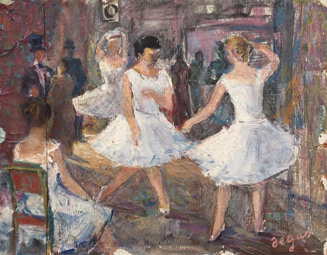 Edgar Degas oil on paper painting impressionism French: Oil on paper, painting. Signed lower right. From a private collection. 6,2 x 8 in. (15,8 x 20,3 cm). Edgar Degas (French, 1834-1917). It is being sold in the manner or style of the artist. Ballet danc