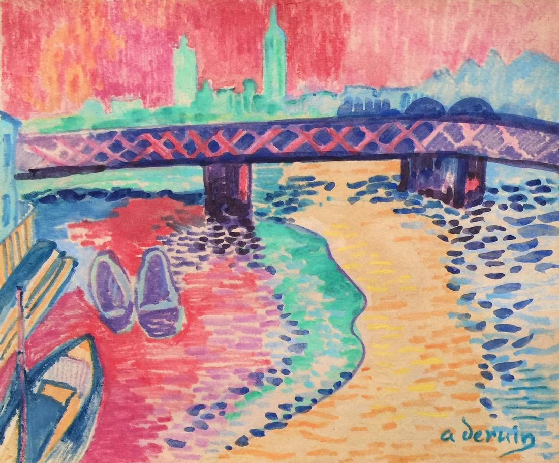 Andre Derain watercolor on paper French Fauvism: Watercolor, pencil on paper. Signed lower right. Andre Derain (1880-1954, French). From a private collection. It is being sold in the manner or style of the artist. 9,4 x 11,6 in. (24 x 29,5 cm). The