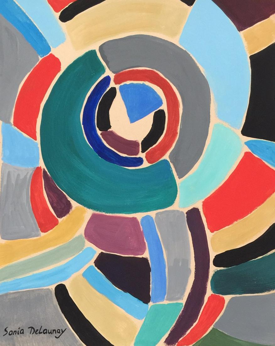 Sonia Delaunay watercolor on paper style Orphism: Watercolor, pencil on paper, drawing. Signed lower right. From a private collection. Sonia Delaunay (1885-1979). It is being sold in the manner or style of the artist. 7,2 x 12,1 in. (18,2 x 30,8 cm).
