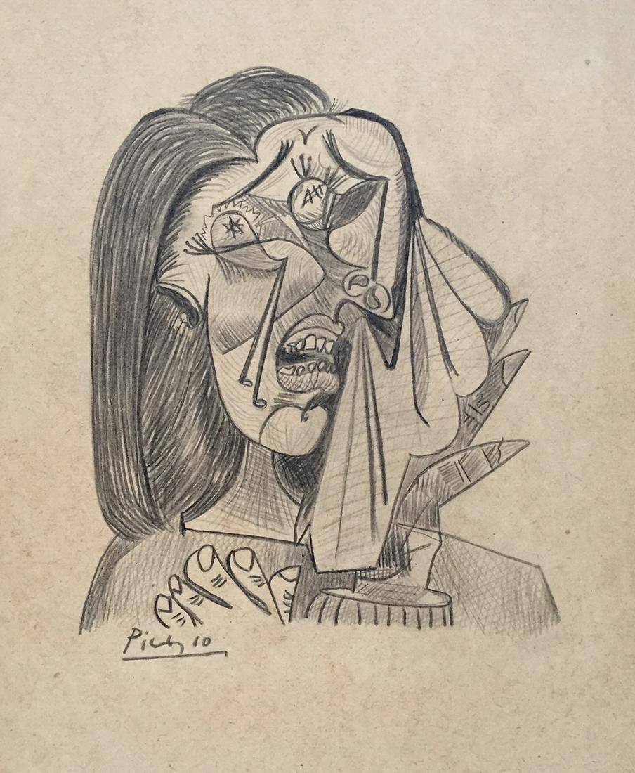 Pablo Picasso charcoal on paper Cubism art crying woman: Charcoal on paper, drawing. Signed lower left. From a private collection. Pablo Picasso (1881-1973). From a private collection. 8,3 x 10 in. (21 x 25,3 cm). It is being sold in the manner or style of