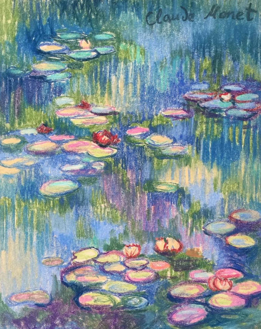 Claude Monet pastel on paper Impressionism French: Pastel on paper. Signed upper right. From a private collection. 8 x 10 in. (20,5 x 25,5 cm). Claude Monet (1840-1926). It is being sold in the manner or style of the artist. Landscape with water lilie