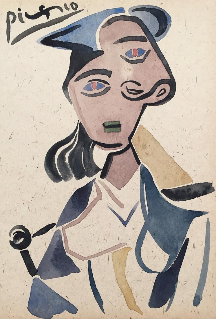 Pablo Picasso watercolor on thin cardboard Cubism: Watercolor on thin cardboard. Signed upper left. From a private collection. 8 x 11,4 in. (20,3 x 29 cm). Pablo Picasso (1881-1973, Spanish). It is being sold in the manner or style of the artist. Woma