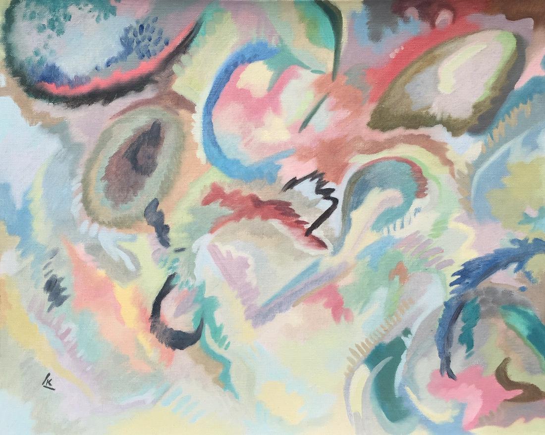 Wassily Kandinsky oil on canvas Russian Abstract: Oil on canvas, painting. Signed lower left. From a private collection. 15,6 x 19,5 in. (39,5 x 49,5 cm). Wassily Kandinsky (1866-1944, Russian). It is being sold in the manner or style of the artist. 