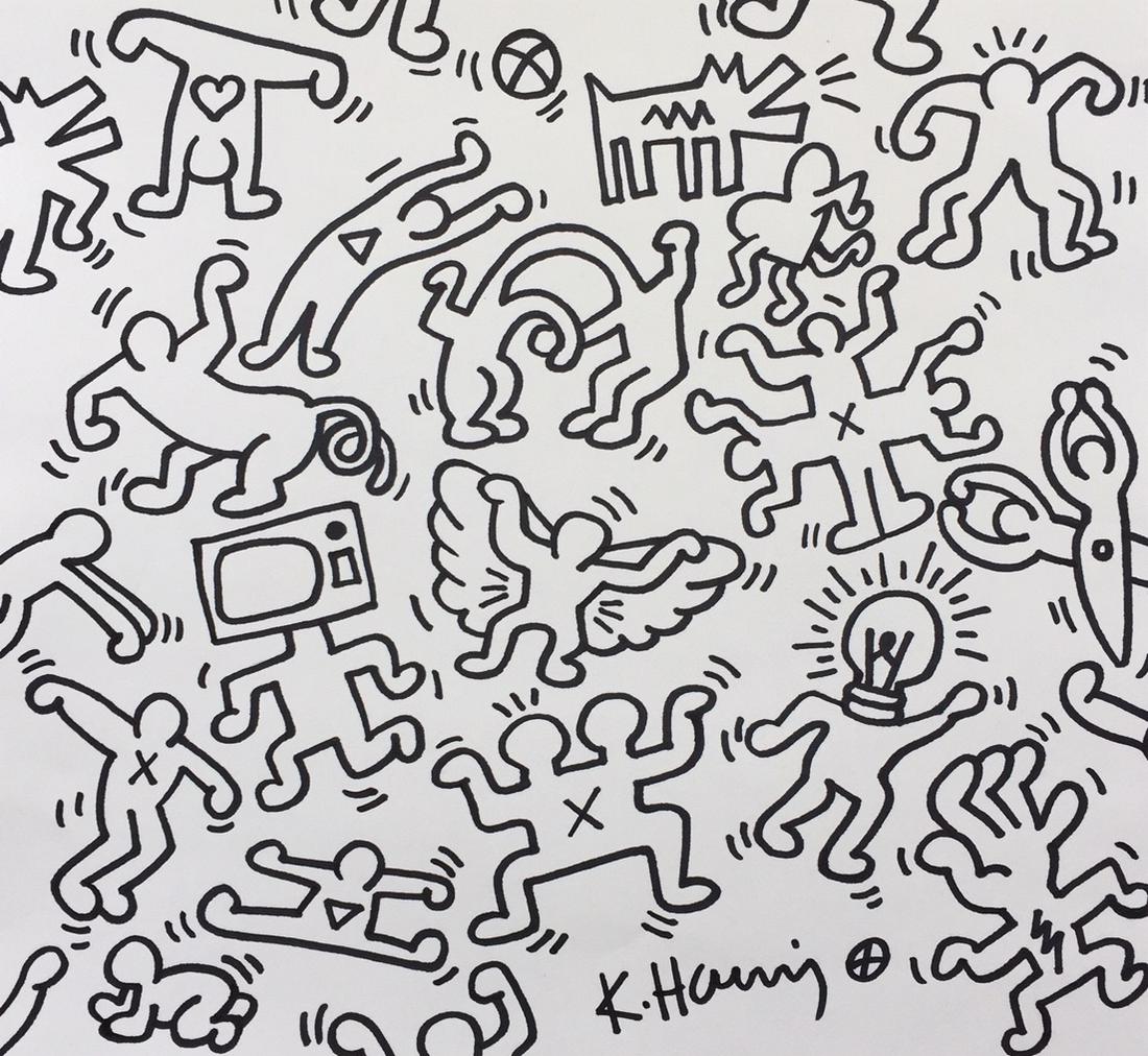 Keith Haring ink on paper American Pop Art: Ink on paper, drawing. Signed lower middle part. From a private collection. Keith Haring (1958-1990). 8,5 x 9,3 in. (21,7 x 23,5 cm). It is being sold in the manner or style of the artist.