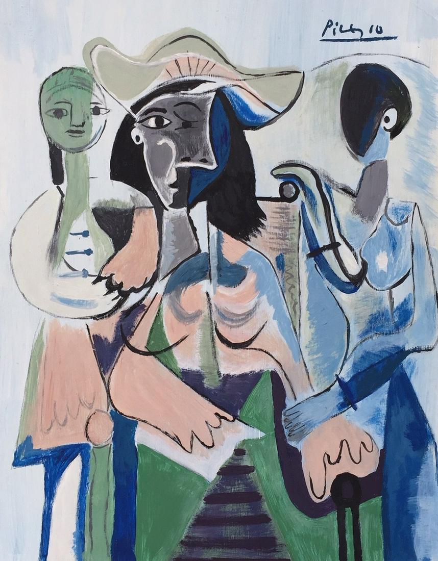 Pablo Picasso mixed media on paper Cubism women: Mixed media on paper. Signed upper right. From a private collection. 8 x 11 in. (20,2 x 25,7 cm). Pablo Picasso (Spanish, 1881-1973). It is being sold in the manner or style of the artist. The paintin