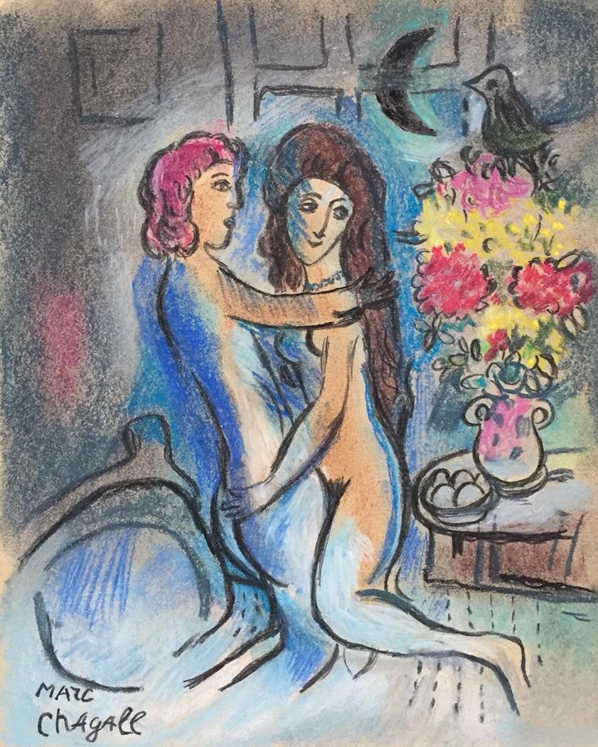 Marc Chagall mixed media on paper Surrealist French: Mixed media on paper. Signed lower left. From a private collection. 9,3 x 10 in. (23,7 x 25,5 cm). Attributed to Marc Chagall (French, 1887-1985). It is being sold in the manner or style of the artist