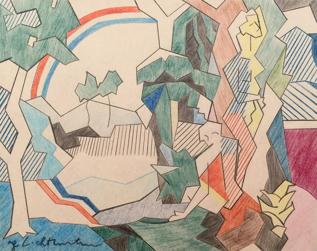 Roy Lichtenstein crayon on paper American: Crayon on paper, drawing. Signed lower left. From a private collection. 7,5 x 9,4 in. (19 x 24 cm). Roy Lichtenstein (American, 1923-1997). It is being sold in the manner or style of the artist. Abstr