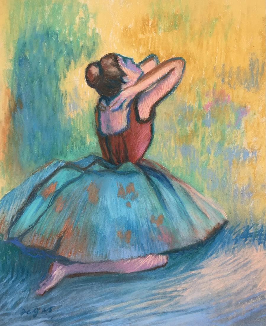 Edgar Degas pastel on paper French Impressionism: Pastel on paper, drawing. Signed lower left. From a private collection. 11 x 13,4 in. (28 x 34 cm). Edgar Degas (French, 1834-1917). It is being sold in the manner or style of the artist. Ballerina in