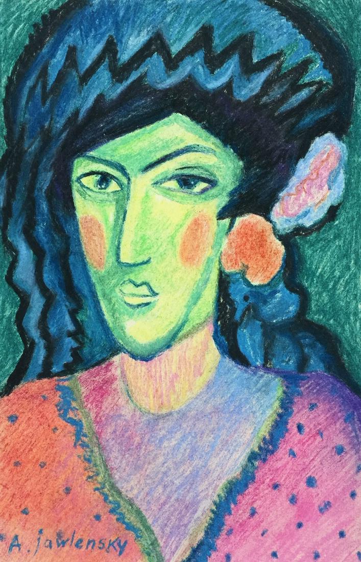 Alexej von Jawlensky pastel on paper Expressionism: Pastel on paper. Signed lower left. From a private collection. 7,9 x 12 in. (20 x 30,6 cm). Alexej von Jawlensky (1864-1941, Russian). It is being sold in the manner or style of the artist. Woman port