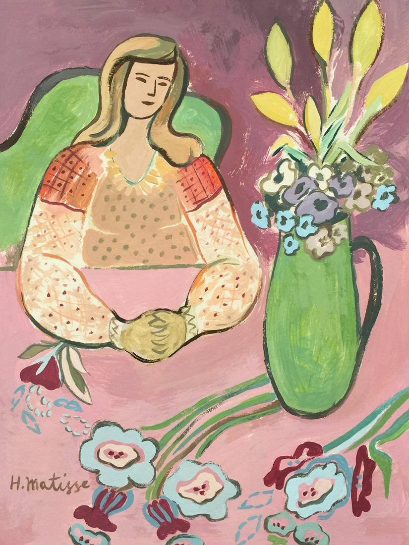 Henri Matisse tempera on paper French Expressionism: Tempera on paper, painting. Signed lower left. From a private collection. 7,3 x 9,6 in. (18,5 x 24,5 cm). Henri Matisse. (French, 1869-1954). It is being sold in the manner or style of the artist. Por
