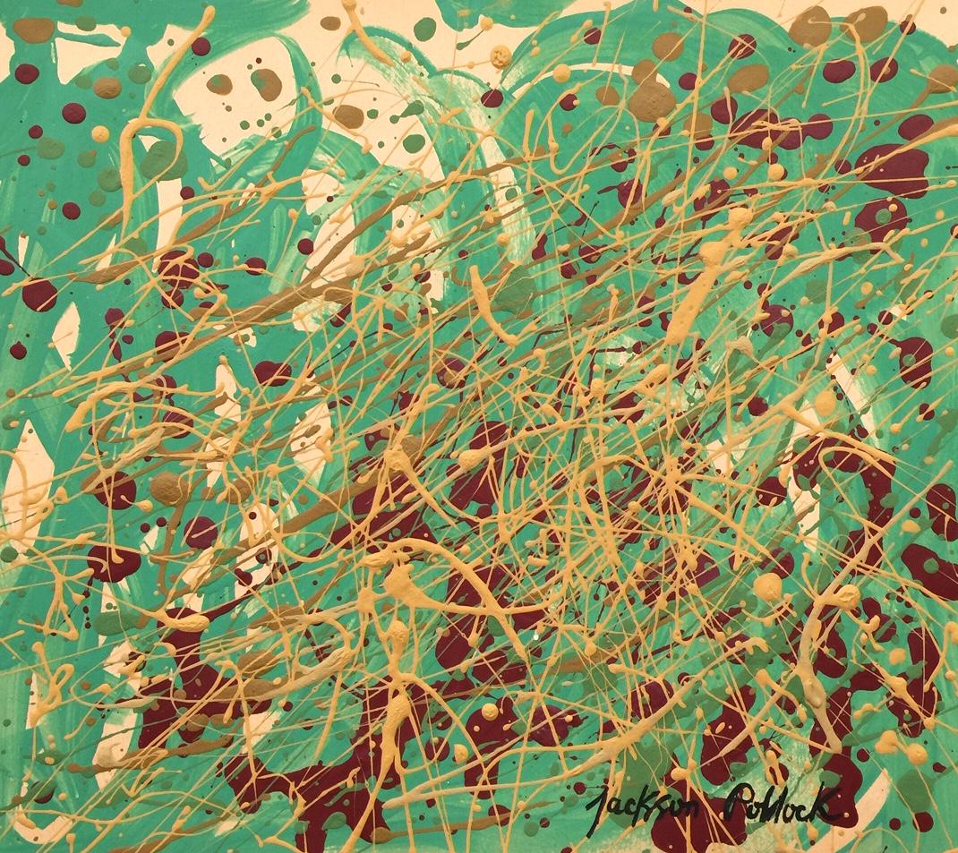 Jackson Pollock mixed media on paper Abstract: Mixed media on paper. Signed lower right. Jackson Pollock (1912-1956). From a private collection. 9,3 x 10,3 in. (23,6 x 26,2 cm). It is being sold in the manner or style of the artist. Abstract compo