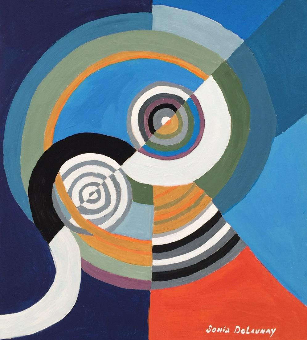 Sonia Delaunay abstract tempera on paper French: Tempera on paper, painting. Signed lower right. From a private collection. 9,4 x 10,5 in. (24 x 26,7 cm). Sonia Delaunay (1885-1979). It is being sold in the manner or style of the artist. Abstract co