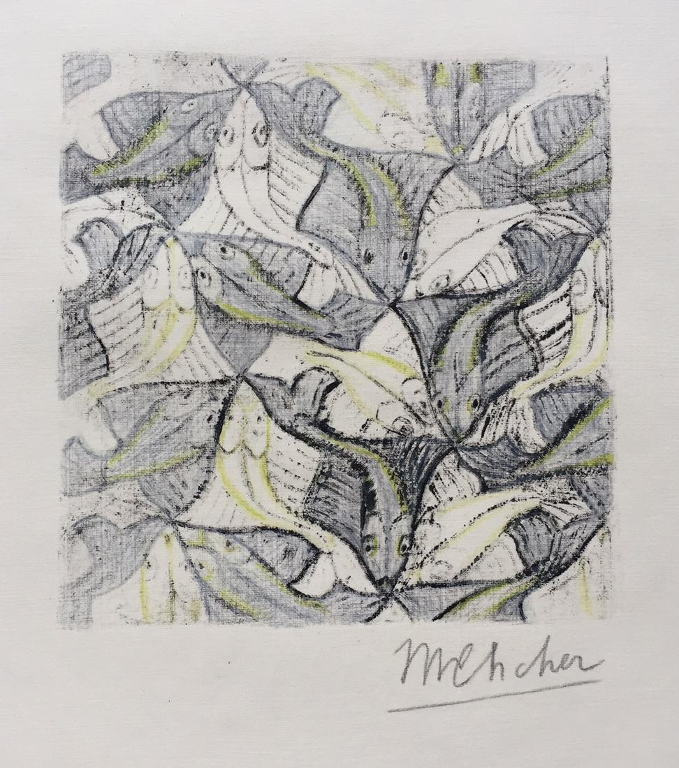 M.C. Escher linocut etching on paper Dutch: Linocut etching on paper. Signed lower right corner. M.C. Escher (1898-1972, Dutch). From a private collection. It is being sold in the manner or style of the artist. 7,9 x 11,3 in. (20 x 28,7 cm). Fe