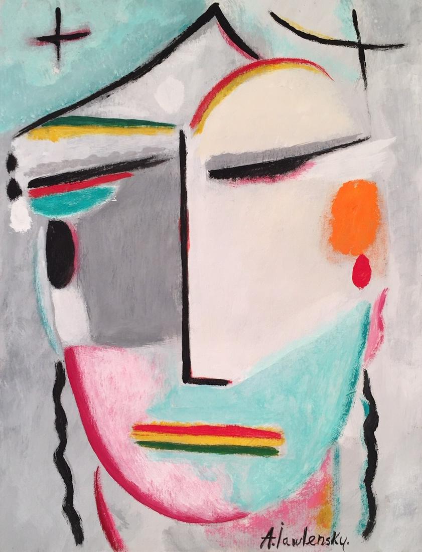 Tempera Alexej von Jawlensky on cardboard Russian: Tempera on cardboard, painting. Signed lower left. From a private collection. 8,3 x 10,6 in. (21 x 27 cm). Alexej von Jawlensky (1864-1941, Russian). It is being sold in the manner or style of the art