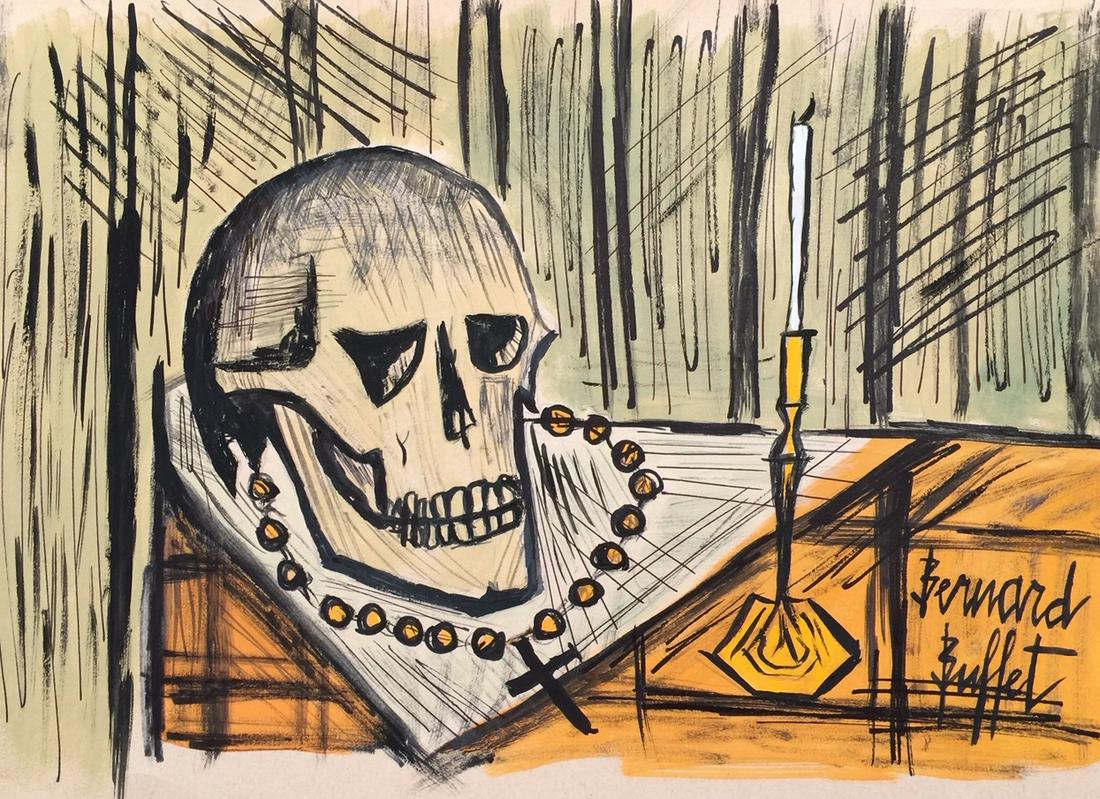 Bernard Buffet mixed media paper French: Mixed media on paper, painting. Signed lower right. From a private collection. 8 x 11 in. (20,5 x 28 cm). Bernard Buffet (French, 1928-1999). It is being sold in the manner or style of the artist. Sti