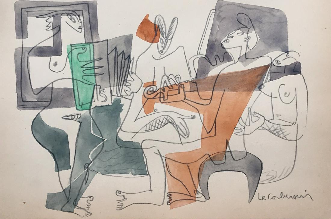 Le Corbusier mixed media on paper Expressionism French: Mixed media on paper. Signed lower right. From a private collection. 7,9 x 12 in. (20,1 x 30,4 cm). Le Corbusier (1887-1965, French-Swiss). It is being sold in the manner or style of the artist.