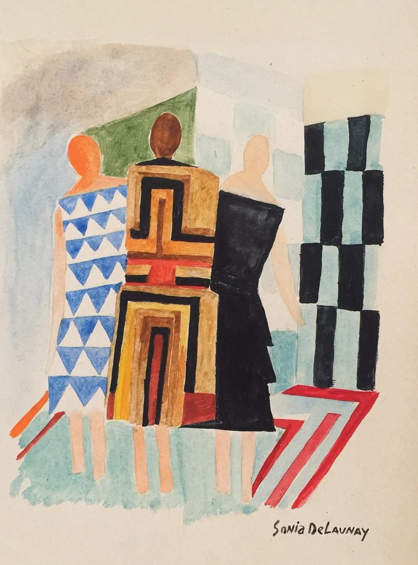Sonia Delaunay abstract watercolor on paper French: Watercolor on paper. Signed lower right. From a private collection. 8,1 x 10,8 in. (20,5 x 27,3 cm). Sonia Delaunay (1885-1979). It is being sold in the manner or style of the artist. Abstract composi
