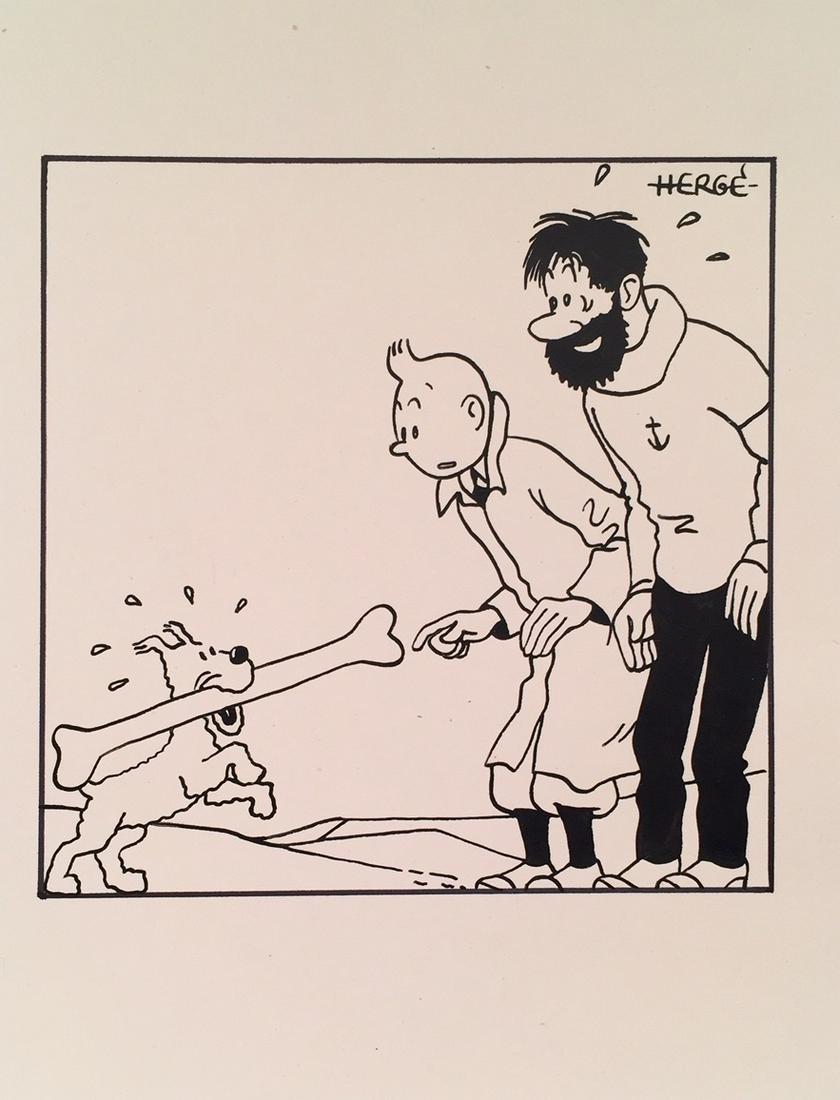 Herge ink on paper comics: Ink on paper, drawing. Signed lower right. From a private collection. 5,8 x 7,6 in. (14,8 x 19,2 cm). Herge (Georges Remi) (1907-1983). It is being sold in the manner or style of the artist. Tintin, M