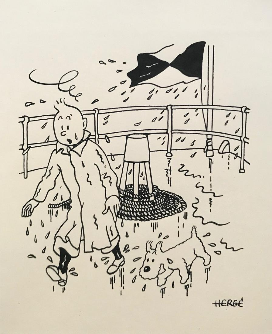 Herge ink on paper Comics: Ink on paper, drawing. Signed lower right. From a private collection. 6,1 x 7,5 in. (15,5 x 19 cm). Herge (Georges Remi) (1907-1983). It is being sold in the manner or style of the artist. Tintin on a