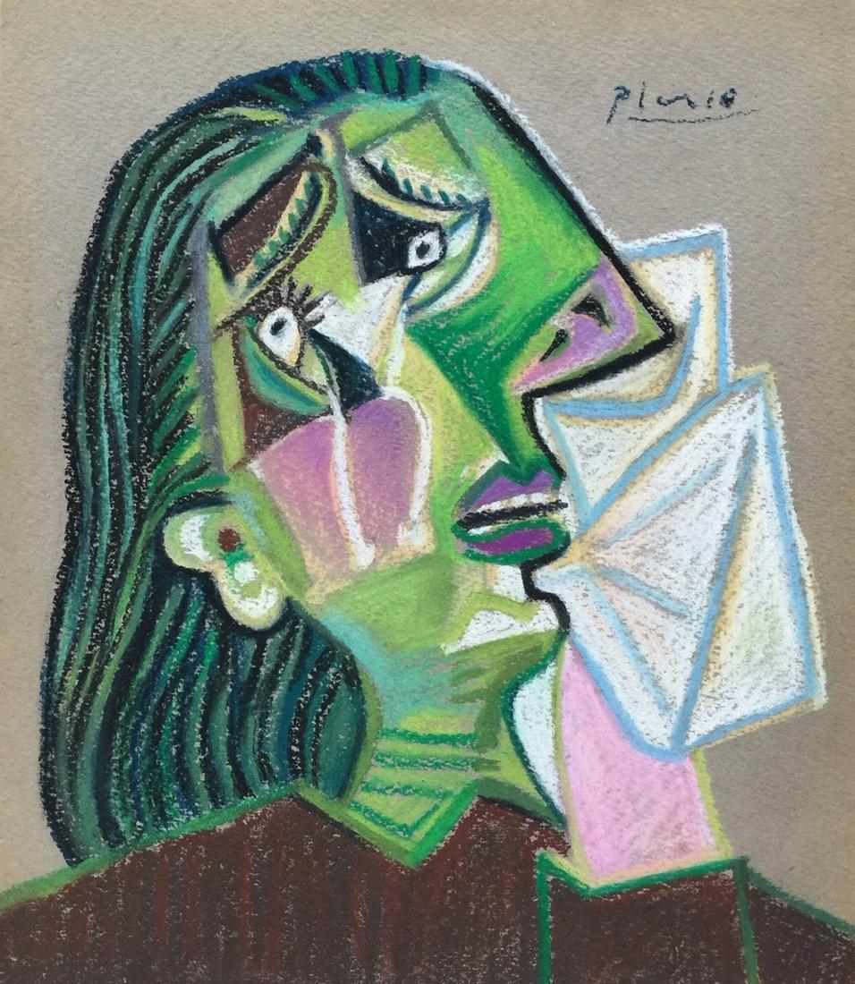 Pablo Picasso pastel on paper Cubism crying woman: Pastel on paper, drawing. Signed upper right. From a private collection. 8,8 x 10,4 in. (22,5 x 26,4 cm). Pablo Picasso (1881-1973, Spanish) It is being sold in the manner or style of the artist. Depi