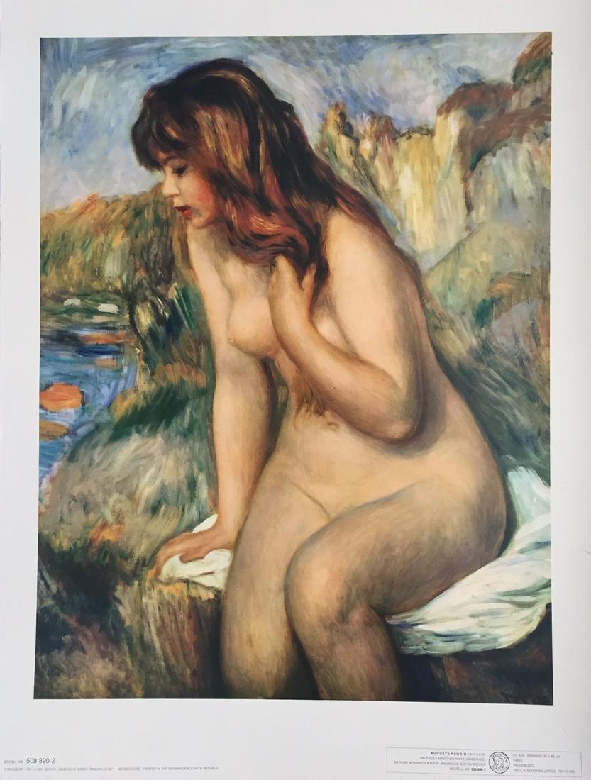 Litho print nude woman Auguste Renoir Impressionism: Vintage lithograph print. Auguste Renoir 'Bather seated on a rock' ('Love-scene'). Paper size: 17,3 x 23 in. (44 x 58,5 cm). Pierre Auguste Renoir (1841-1919, French). The litho print demonstrates a n