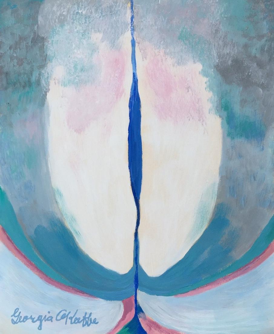 Georgia O'Keeffe tempera on paper American Precisionism: Tempera on paper, painting. Signed lower left. From a private collection. Georgia O'Keeffe (1887-1986, American). 7,7 x 9,2 in. (19,5 x 23,4 cm). It is being sold in the manner or style of the artist.