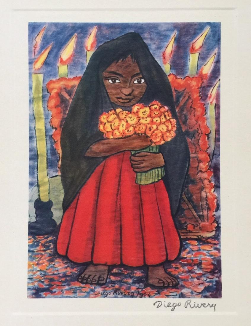 Diego Rivera vintage litho girl with flowers Mexican (1 of 3)