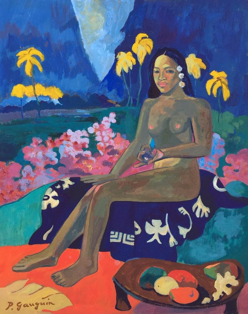 Paul Gauguin tempera on c/b Post-Impressionism French: Tempera on cardboard, painting. Signed lower left. From a private collection. Attributed to Paul Gauguin (1848 - 1903, French). 8,9 x 11 in. (22,7 x 28,1 cm). It is being sold in the manner or style o