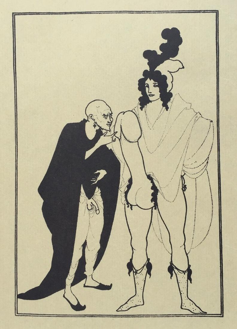 Aubrey Beardsley vintage litho Modern erotic scene: Vintage offset lithograph on thin paper. Paper size: 7,9 x 10,4 in. (20 x 26,3 cm). Aubrey Vincent Beardsley (1872-1898, English). The litho print demonstrates an erotic scene.