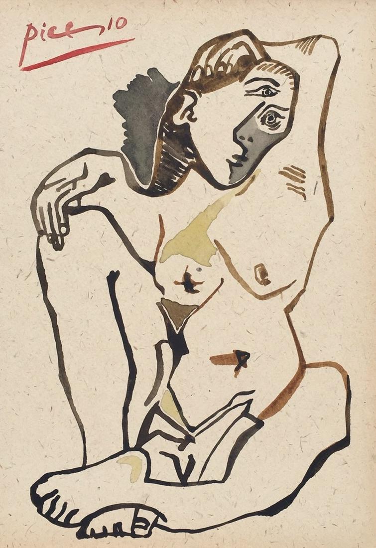 Pablo Picasso watercolor on thin cardboard Cubism: Watercolor on thin cardboard. Signed upper left. From a private collection. 7,9 x 11,5 in. (20 x 29,2 cm). Pablo Picasso (1881-1973, Spanish). It is being sold in the manner or style of the artist. Fe