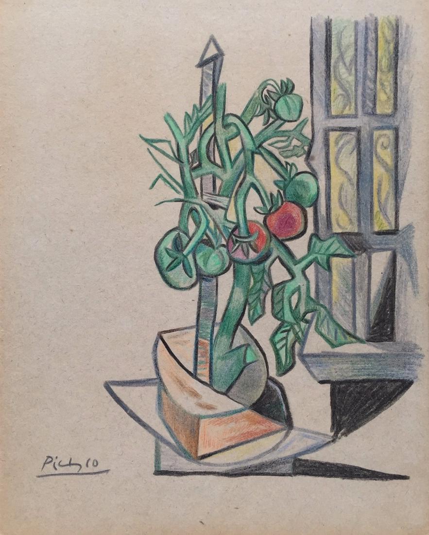 Pablo Picasso crayon on cardboard cubism drawing: Crayon on cardboard, drawing. Signed lower left. From a private collection. 8.7 x 10.9 in. (22 x 27,7 cm). Pablo Picasso (1881-1973, Spanish). It is being sold in the manner or style of the artist. De