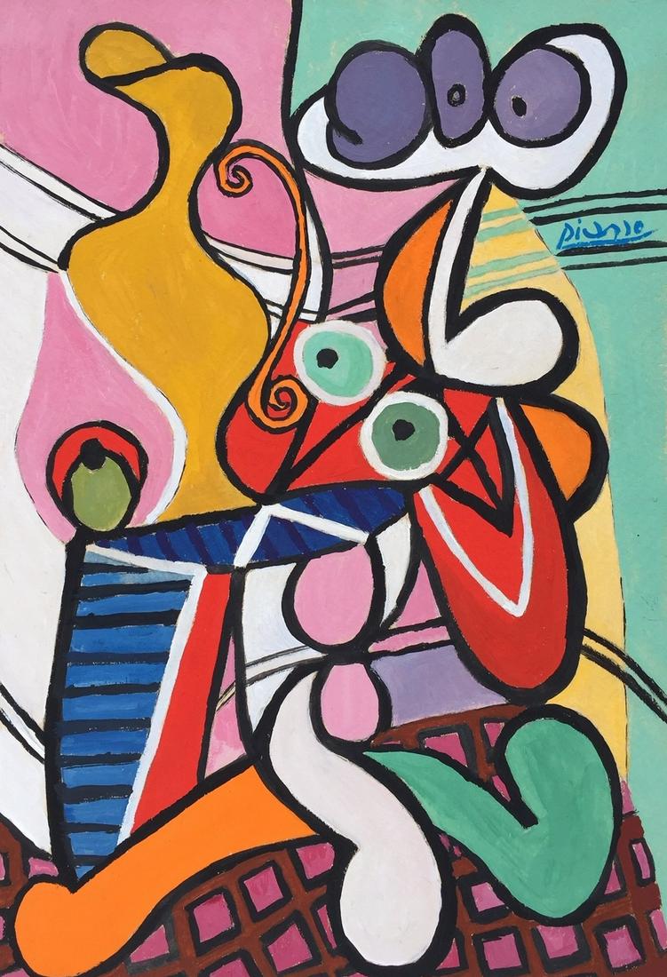 Pablo Picasso acrylic on cardboard Cubism Spanish: Acrylic on cardboard, painting. Signed upper right. From a private collection. Pablo Picasso (1881-1973, Spanish). 7,9 x 11,5 in. (20 x 29,3 cm). It is being sold in the manner or style of the artist.