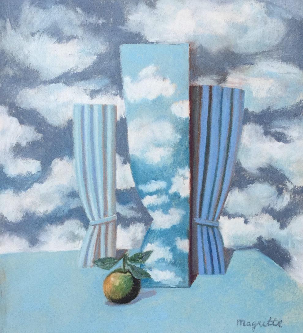 Rene Magritte pastel on paper Belgian Surrealist: Pastel on paper. Signed lower right. From a private collection. 9,3 x 10,2 in. (23,5 x 26 cm). Rene Magritte (1898-1967, Belgian). It is being sold in the manner or style of the artist. Surreal compos