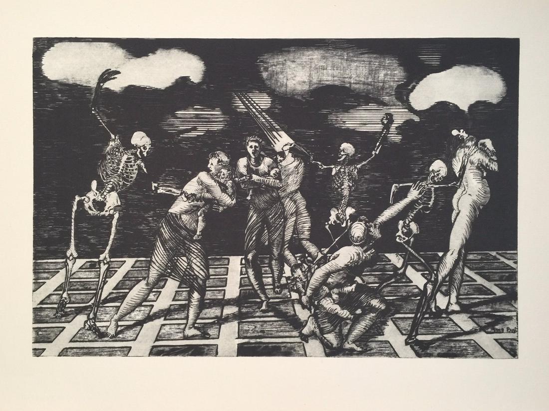 Vintage Litho print Hungarian Peter Peri Nuclear: Vintage litho print on paper. Printed in Germany, 1959. 11.8 x 15.7 in. (30 x 40 cm). "Nuclear". Peter Peri (1899 - 1967, Hungarian, British). From a private collection.